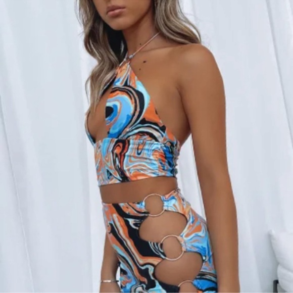 NWT White Fox Blue & Orange Swirl Temp Me Halter Crop Top Size M - Picture 3 of 11